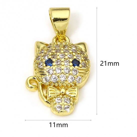 Immagine di 1 Pz Ecologico Ottone Ciondoli Pendenti Gatto 18K Oro riempito Micro Spianare Trasparente Cubic Zirconiae 21mm x 11mm