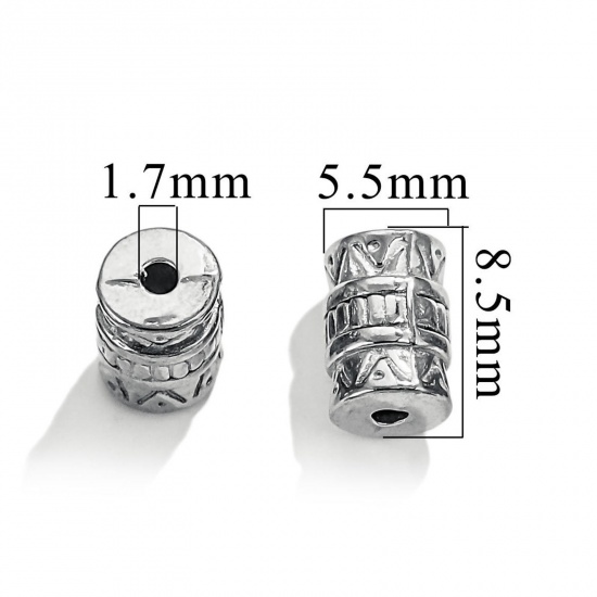 Picture of 2 PCs 304 Stainless Steel Casting Beads For DIY Jewelry Making Cylinder Silver Tone 8.5mm x 6mm, Hole: Approx 1.4mm