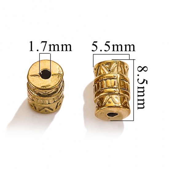 Picture of 2 PCs 304 Stainless Steel Casting Beads For DIY Jewelry Making Cylinder 18K Gold Plated 8.5mm x 6mm, Hole: Approx 1.4mm