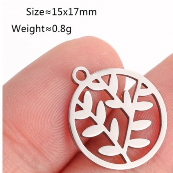 Bild von 2 Stück 304 Edelstahl Charms Rund Silberfarbe Blätter 17mm x 15mm
