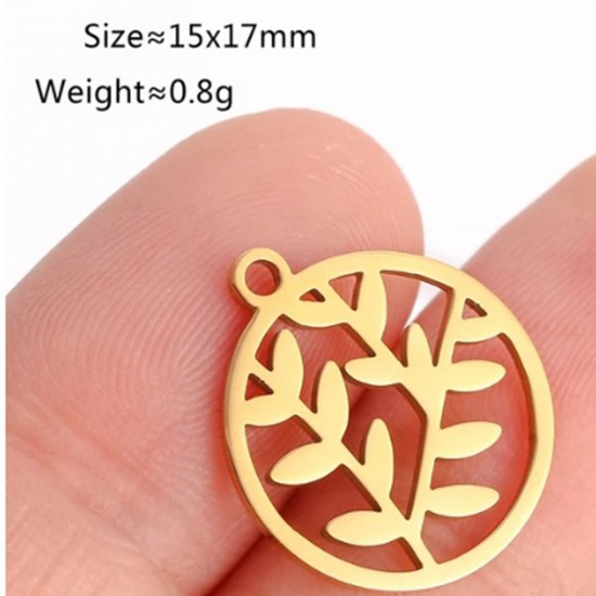 Bild von 2 Stück Vakuumbeschichtung 304 Edelstahl Charms Rund 18K Gold Plattiert Blätter 17mm x 15mm