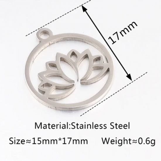 Bild von 2 Stück 304 Edelstahl Charms Rund Silberfarbe Lotosblume 17mm x 15mm