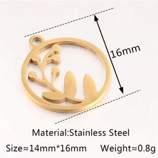 Bild von 2 Stück Vakuumbeschichtung 304 Edelstahl Charms Rund 18K Gold Plattiert Blätter 17mm x 15mm