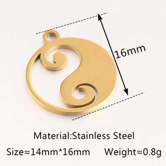 Bild von 2 Stück Vakuumbeschichtung 304 Edelstahl Religiös Charms Rund 18K Gold Plattiert Yin Yang Symbol 16mm x 14mm