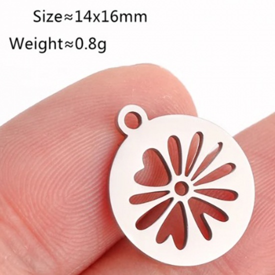 Bild von 2 Stück 304 Edelstahl Charms Rund Silberfarbe Blumen 16mm x 14mm