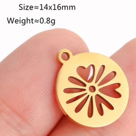 Bild von 2 Stück Vakuumbeschichtung 304 Edelstahl Charms Rund 18K Gold Plattiert Blumen 16mm x 14mm