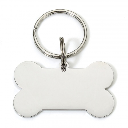 Picture of 1 Piece 304 Stainless Steel Pet ID Dog Collar Name Tag Blank Stamping Tags Keychain & Keyring Silver Tone Bone Mirror Polishing 6.5cm x 4.8cm