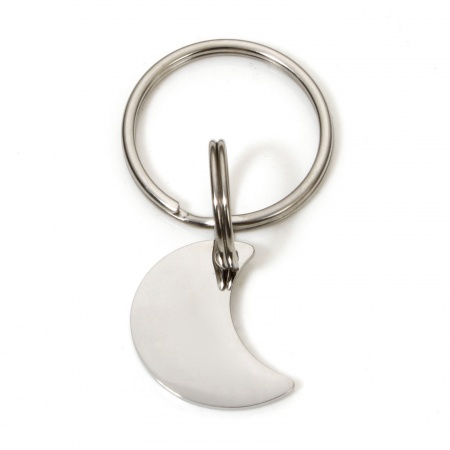 Picture of 1 Piece 304 Stainless Steel Pet ID Dog Collar Name Tag Blank Stamping Tags Keychain & Keyring Silver Tone Half Moon Mirror Polishing 5.5cm x 2.2cm