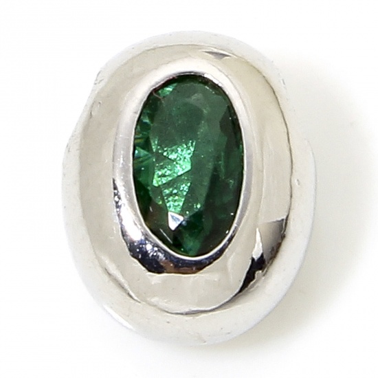 Immagine di 2 Pz Ecologico Ottone Geometrico Perline per la Creazione di Gioielli con Ciondoli Fai-da-te Platino Placcato Ovale Verde Strass Circa 8.5mmx 6.5mm, Foro:Circa 1.5mm