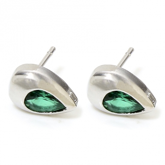 Picture of 2 PCs Eco-friendly Brass Exquisite Ear Post Stud Earring For DIY Jewelry Making Accessories Real Platinum Plated Drop Green Cubic Zirconia 10.5mm x 6.5mm, Post/ Wire Size: (20 gauge)