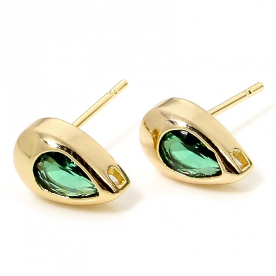 Immagine di 2 PCs Eco-friendly Brass Exquisite Ear Post Stud Earring For DIY Jewelry Making Accessories 18K Real Gold Plated Drop Green Cubic Zirconia 10.5mm x 6.5mm, Post/ Wire Size: (20 gauge)