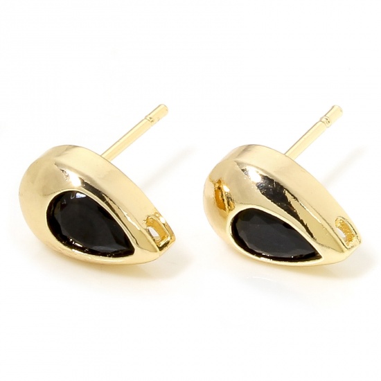 Picture of 2 PCs Eco-friendly Brass Exquisite Ear Post Stud Earring For DIY Jewelry Making Accessories 18K Real Gold Plated Drop Black Cubic Zirconia 10.5mm x 6.5mm, Post/ Wire Size: (20 gauge)