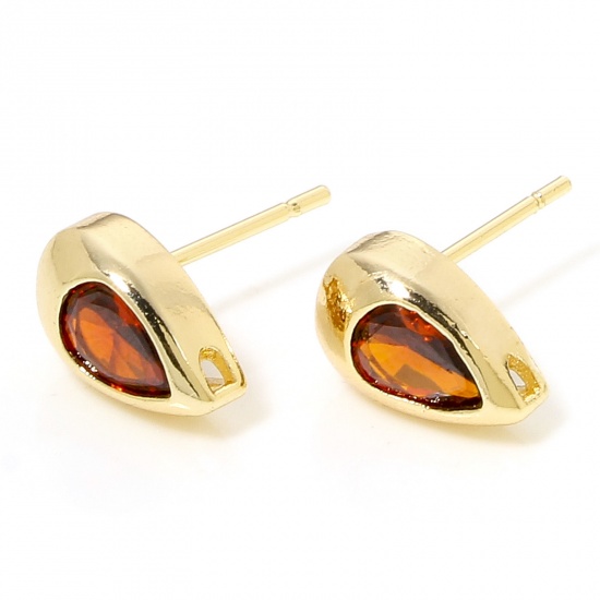 Immagine di 2 PCs Eco-friendly Brass Exquisite Ear Post Stud Earring For DIY Jewelry Making Accessories 18K Real Gold Plated Drop Orange-red Cubic Zirconia 10.5mm x 6.5mm, Post/ Wire Size: (20 gauge)