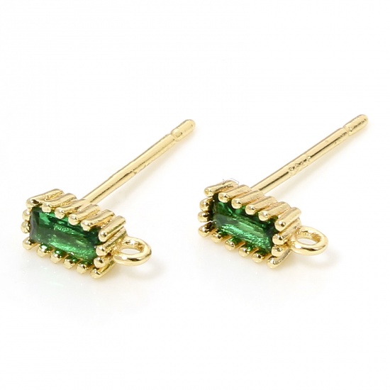 Picture of 2 PCs Eco-friendly Brass Exquisite Ear Post Stud Earring For DIY Jewelry Making Accessories 18K Real Gold Plated Rectangle Green Cubic Zirconia 7mm x 3mm, Post/ Wire Size: (21 gauge)