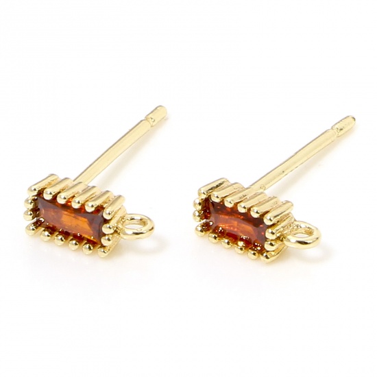 Picture of 2 PCs Eco-friendly Brass Exquisite Ear Post Stud Earring For DIY Jewelry Making Accessories 18K Real Gold Plated Rectangle Orange-red Cubic Zirconia 7mm x 3mm, Post/ Wire Size: (21 gauge)