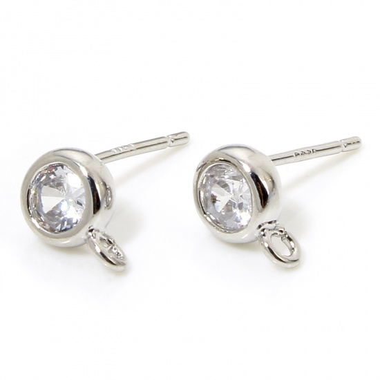 Picture of 2 PCs Eco-friendly Brass Exquisite Ear Post Stud Earring For DIY Jewelry Making Accessories Real Platinum Plated Round Clear Cubic Zirconia 8.5mm x 6mm, Post/ Wire Size: (20 gauge)