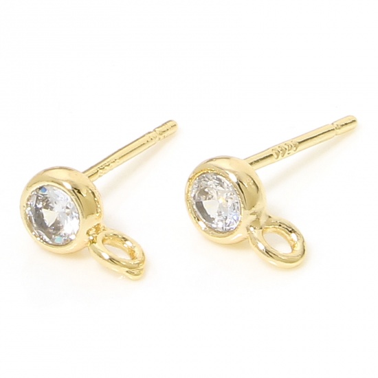 2 PCs Eco-friendly Brass Exquisite Ear Post Stud Earring For DIY Jewelry Making Accessories 18K Real Gold Plated Round Clear Cubic Zirconia 7mm x 4mm, Post/ Wire Size: (21 gauge) の画像