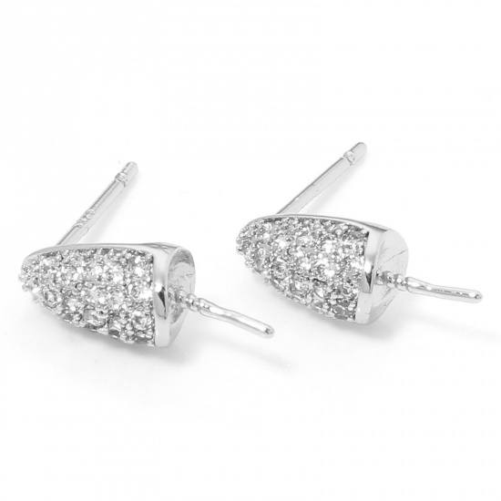 Picture of 2 PCs Eco-friendly Brass Exquisite Ear Post Stud Earring For DIY Jewelry Making Accessories Real Platinum Plated Cone Micro Pave Clear Cubic Zirconia 13mm x 5mm, Post/ Wire Size: (21 gauge)