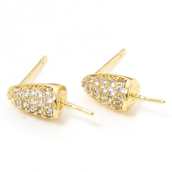 Immagine di 2 PCs Eco-friendly Brass Exquisite Ear Post Stud Earring For DIY Jewelry Making Accessories 18K Real Gold Plated Cone Micro Pave Clear Cubic Zirconia 13mm x 5mm, Post/ Wire Size: (21 gauge)