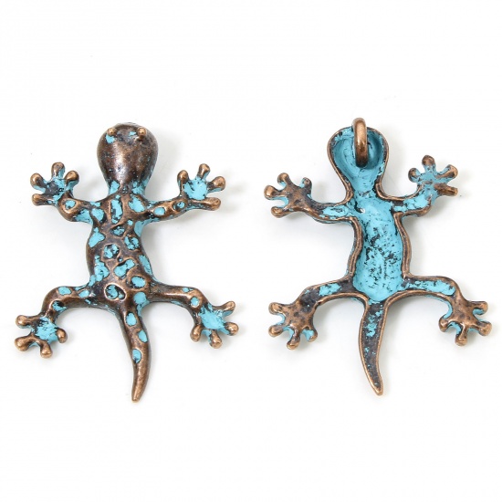 Picture of 10 PCs Zinc Based Alloy Pendants Antique Copper Blue Gecko Patina Hammered 3.4cm x 2.6cm