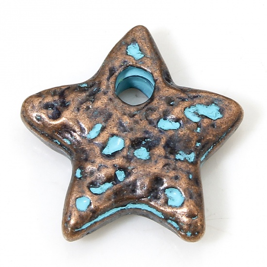 Picture of 10 PCs Zinc Based Alloy Ocean Jewelry Charms Antique Copper Blue Star Fish Patina Hammered 13mm x 13mm