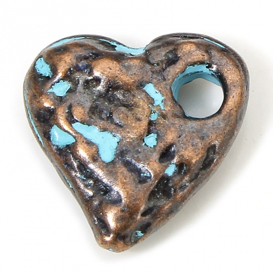 Picture of 10 PCs Zinc Based Alloy Valentine's Day Charms Antique Copper Blue Heart Patina Hammered 10mm x 10mm