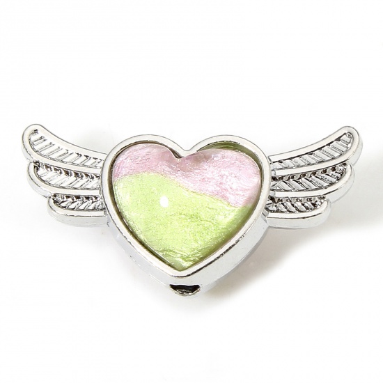 Picture of 5 PCs Zinc Based Alloy Valentine's Day Spacer Beads For DIY Jewelry Making Silver Tone Pink & Green At Random Mixed Color Heart Wing With Glass Cabochons About 21mm x 10.5mm, Hole: Approx 1.6mm