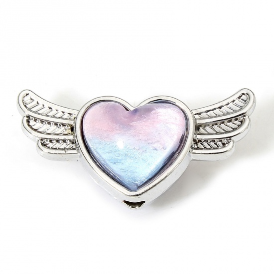 Picture of 5 PCs Zinc Based Alloy Valentine's Day Spacer Beads For DIY Jewelry Making Silver Tone Blue & Pink At Random Mixed Color Heart Wing With Glass Cabochons About 21mm x 10.5mm, Hole: Approx 1.6mm