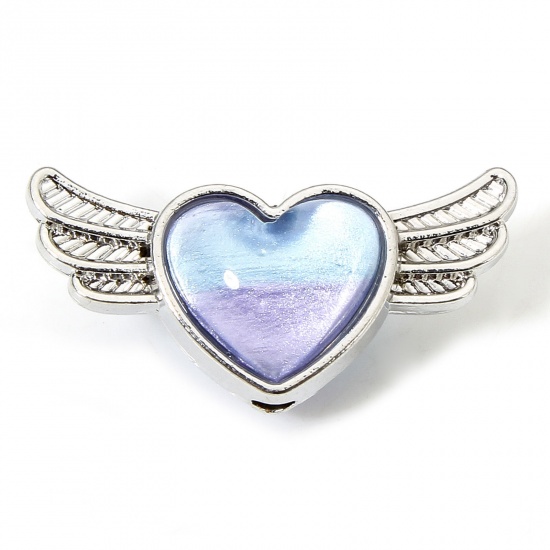 Picture of 5 PCs Zinc Based Alloy Valentine's Day Spacer Beads For DIY Jewelry Making Silver Tone Purple & Blue At Random Mixed Color Heart Wing With Glass Cabochons About 21mm x 10.5mm, Hole: Approx 1.6mm
