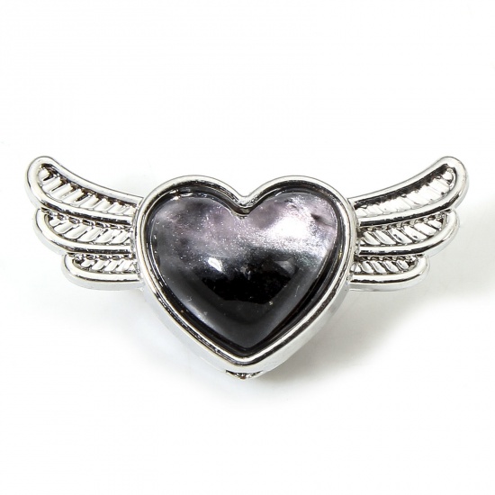 Picture of 5 PCs Zinc Based Alloy Valentine's Day Spacer Beads For DIY Jewelry Making Silver Tone Black & Pink At Random Mixed Color Heart Wing With Glass Cabochons About 21mm x 10.5mm, Hole: Approx 1.6mm