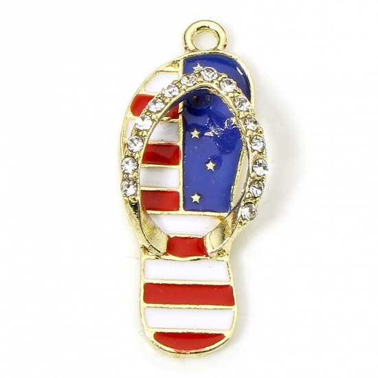Picture of 5 PCs Zinc Based Alloy American Independence Day Charms Gold Plated Multicolor Flip Flops Slipper Flag Of The United States Enamel 3.2cm x 1.3cm