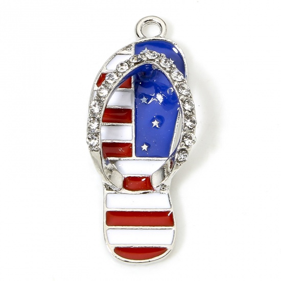 Picture of 5 PCs Zinc Based Alloy American Independence Day Charms Silver Tone Multicolor Flip Flops Slipper Flag Of The United States Enamel 3.2cm x 1.3cm