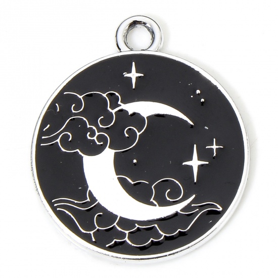 Picture of 10 PCs Zinc Based Alloy Galaxy Charms Silver Tone Black & White Round Moon Enamel 22mm x 19mm