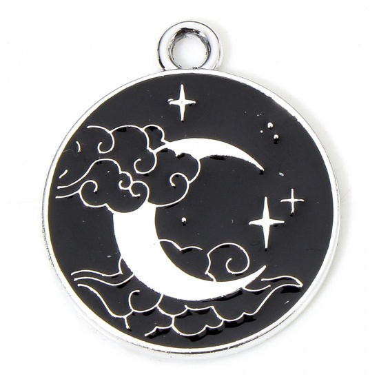 Immagine di 10 Pz Lega di Zinco Galassia Ciondoli Tono Argento Nero & Bianco Tondo Luna Smalto 22mm x 19mm