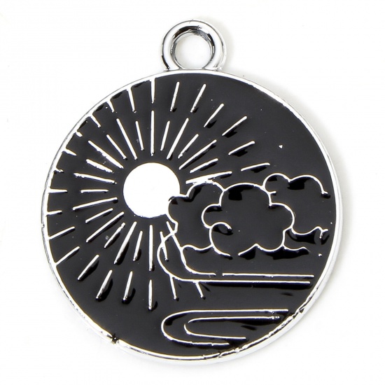Picture of 10 PCs Zinc Based Alloy Galaxy Charms Silver Tone Black & White Round Sun Enamel 22mm x 19mm