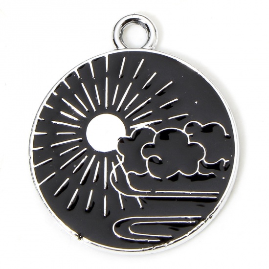 Immagine di 10 PCs Zinc Based Alloy Galaxy Charms Silver Tone Black & White Round Sun Enamel 22mm x 19mm