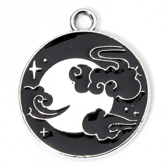 Picture of 10 PCs Zinc Based Alloy Galaxy Charms Silver Tone Black & White Round Moon Enamel 22mm x 19mm