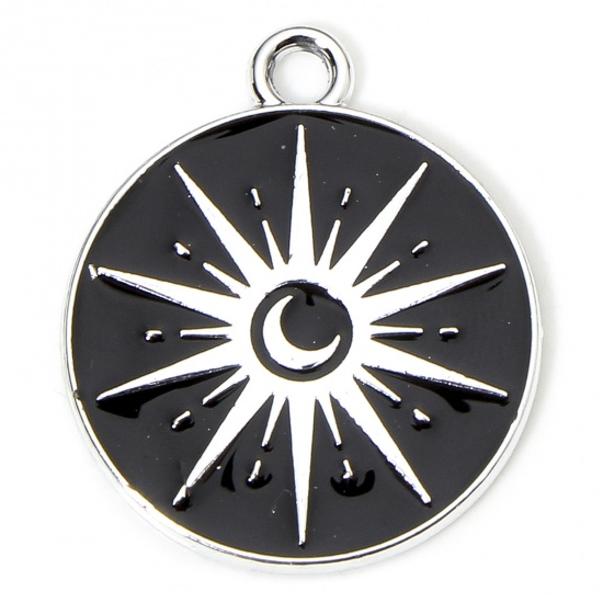 Picture of 10 PCs Zinc Based Alloy Galaxy Charms Silver Tone Black & White Round Sun Enamel 22mm x 19mm