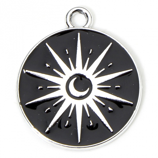 Immagine di 10 PCs Zinc Based Alloy Galaxy Charms Silver Tone Black & White Round Sun Enamel 22mm x 19mm