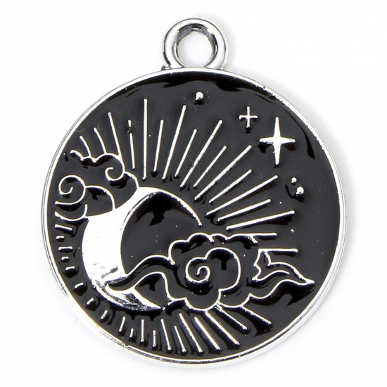 Picture of 10 PCs Zinc Based Alloy Galaxy Charms Silver Tone Black & White Round Sun Enamel 22mm x 19mm