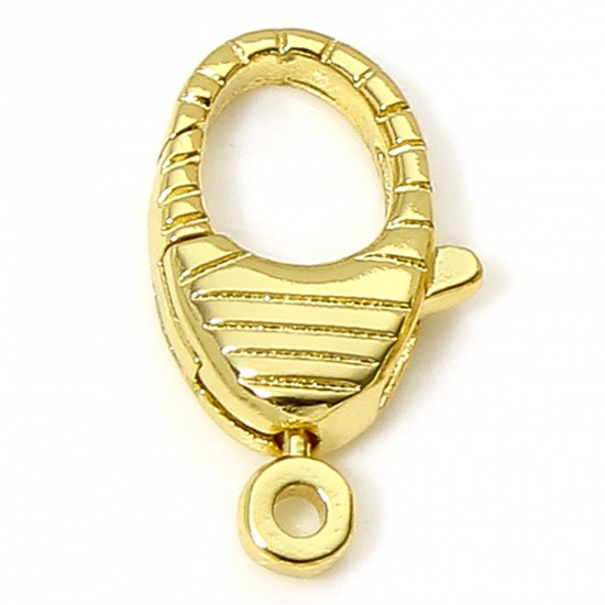 Picture of 1 Piece Eco-friendly Brass Lobster Clasp Findings Stripe 18K Real Gold Plated 19mm x 10mm