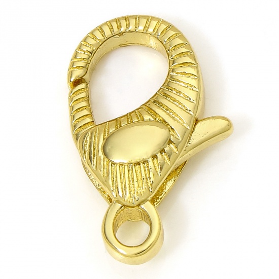 Picture of 1 Piece Eco-friendly Brass Lobster Clasp Findings Stripe 18K Real Gold Plated 18mm x 10mm