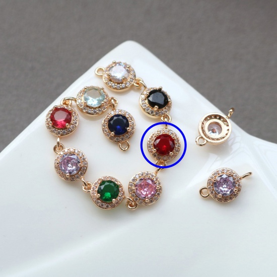 Picture of 2 PCs Brass & Glass Geometric Connectors Charms Pendants Gold Plated Red Round Micro Pave Clear Rhinestone 9.5mm Dia.