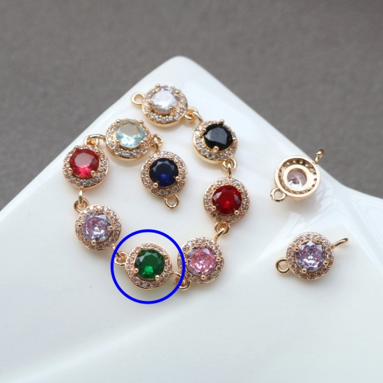 Picture of 2 PCs Brass & Glass Geometric Connectors Charms Pendants Gold Plated Green Round Micro Pave Clear Rhinestone 9.5mm Dia.