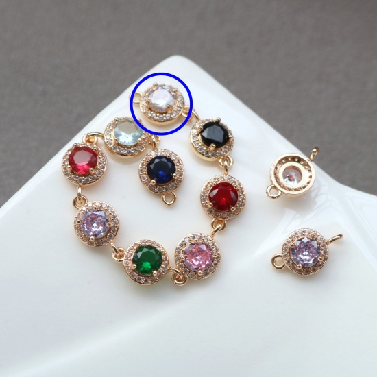 Picture of 2 PCs Brass & Glass Geometric Connectors Charms Pendants Gold Plated Transparent Clear Round Micro Pave Clear Rhinestone 9.5mm Dia.