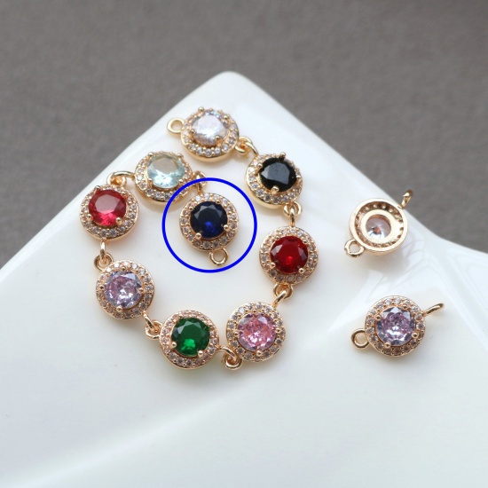 Picture of 2 PCs Brass & Glass Geometric Connectors Charms Pendants Gold Plated Blue Round Micro Pave Clear Rhinestone 9.5mm Dia.