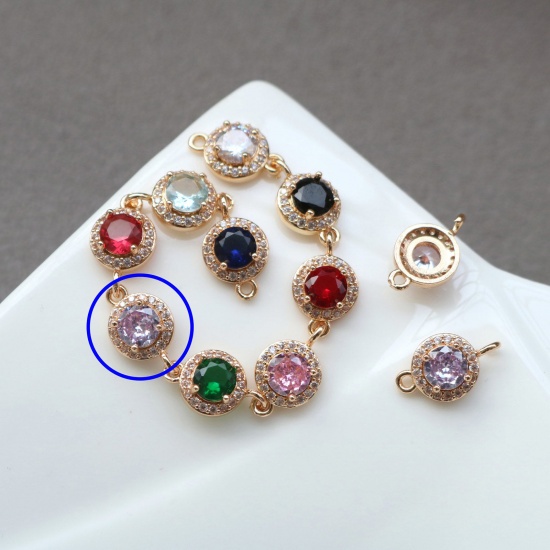 Picture of 2 PCs Brass & Glass Geometric Connectors Charms Pendants Gold Plated Purple Round Micro Pave Clear Rhinestone 9.5mm Dia.