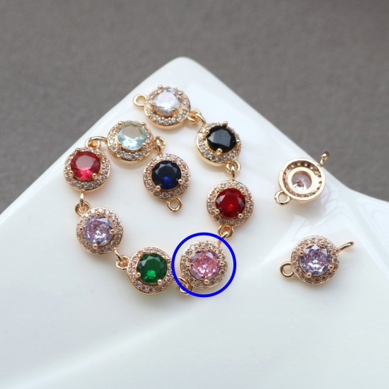 Picture of 2 PCs Brass & Glass Geometric Connectors Charms Pendants Gold Plated Pink Round Micro Pave Clear Rhinestone 9.5mm Dia.