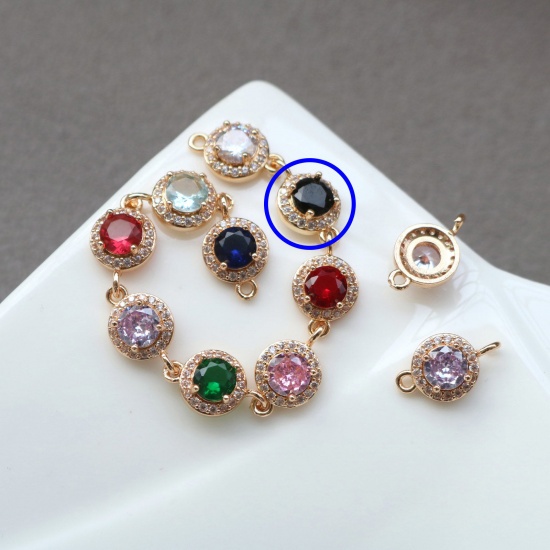 Picture of 2 PCs Brass & Glass Geometric Connectors Charms Pendants Gold Plated Black Round Micro Pave Clear Rhinestone 9.5mm Dia.