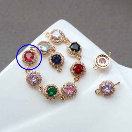 Picture of 2 PCs Brass & Glass Geometric Connectors Charms Pendants Gold Plated Fuchsia Round Micro Pave Clear Rhinestone 9.5mm Dia.